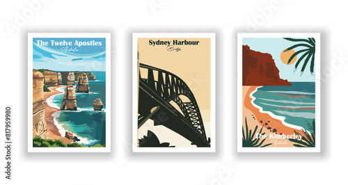 The Twelve Apostles, Australia, The Kimberley, Australia, Sydney Harbour ,Bridge - Set of 3 Vintage Travel Posters. Vector illustration. High Quality Prints