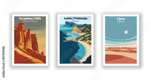 The Twelve Apostles, Australia, The Kimberley, Australia, Sydney Harbour ,Bridge - Set of 3 Vintage Travel Posters. Vector illustration. High Quality Prints