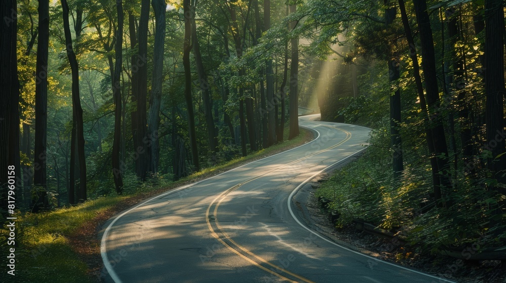 Obraz premium Early morning sun shines on curvy asphalt road through dense woods