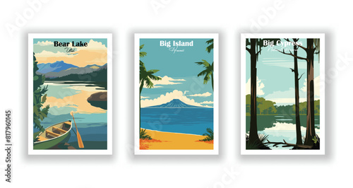 Bear Lake, Utah, Big Cypress National Preserve, Big Island, Hawaii - Set of 3 Vintage Travel Posters. Vector illustration. High Quality Prints