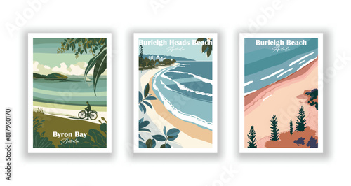Burleigh Beach, Australia, Burleigh Heads Beach, Australia, Byron Bay, Australia - Set of 3 Vintage Travel Posters. Vector illustration. High Quality Prints