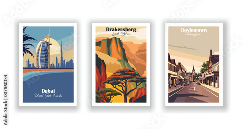 Doylestown, Pennsylvania, Drakensberg, South Africa, Dubai, United Arab Emirates - Set of 3 Vintage Travel Posters. Vector illustration. High Quality Prints photo