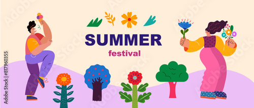 Summer vector banner with active people. Fun vector with happy people.