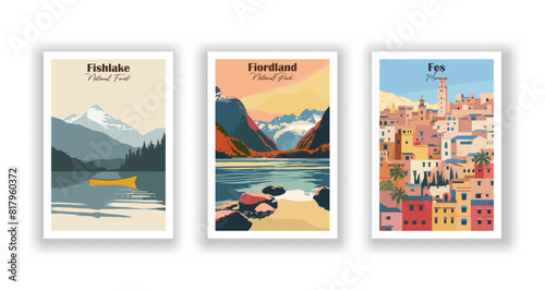 Fes, Morocco, Fiordland, National Park, Fishlake National Forest - Set of 3 Vintage Travel Posters. Vector illustration. High Quality Prints photo
