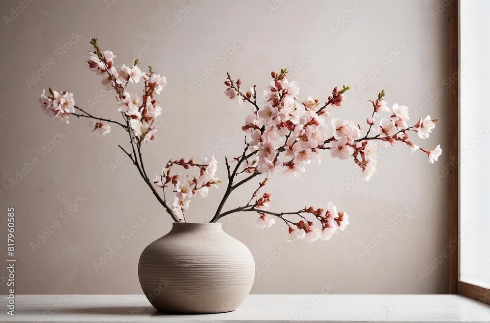 Blossom branch in clay vase near white stucco wall background. Interior design of modern living room with space for text. Minimal composition Blossom branch in clay vase near white stucco wall background. Interior design of modern living room with space for text. Minimal composition