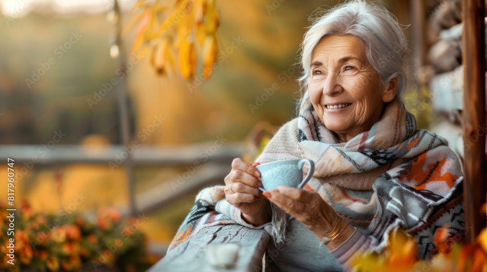 Obraz premium Happy senior woman with tea outdoors on terrace in autumn, relaxing