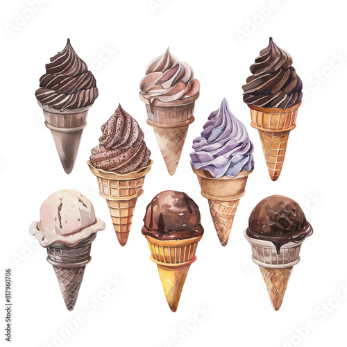 Chocolate ice cream waffle cone, Watercolor drawing, isolated on white.