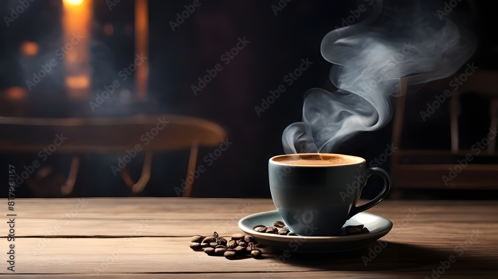 Fototapeta premium A Cup of Coffee on the table with Smoke Flowing Generative Ai 