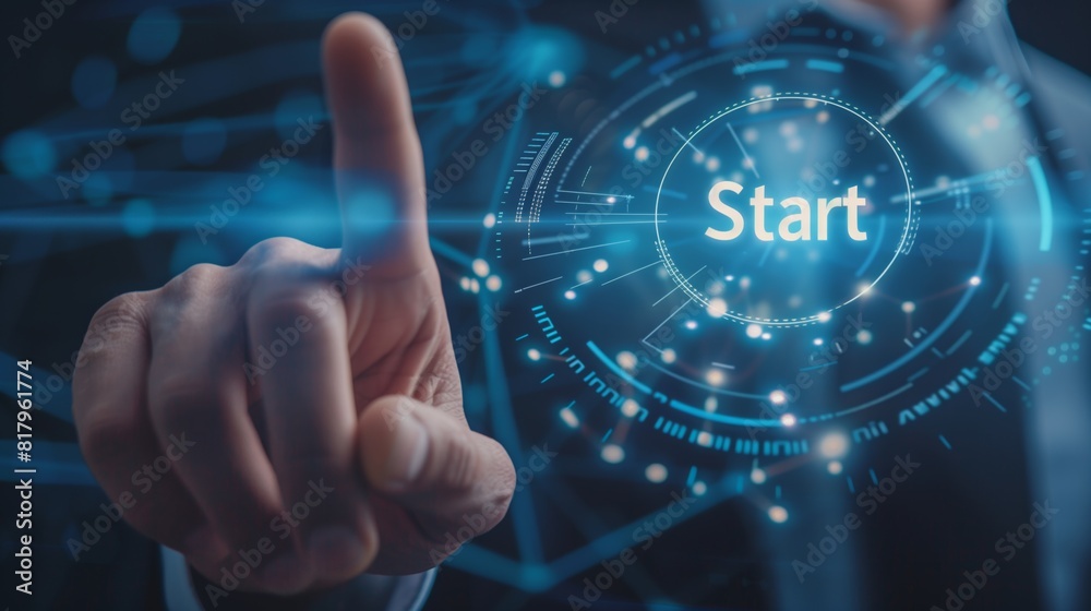 Businessman touching the Start button on an interactive screen, technology, UI design, futuristic interface. Businessman touching the Start button on an interactive screen, technology, UI design, futuristic interface.