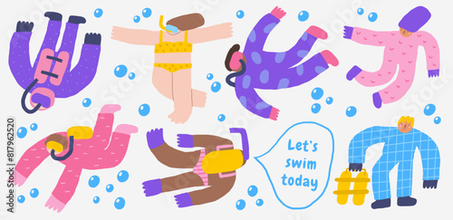 Cute underwater set with funny hand drawn doodle diver, swimmer, bubbles, man, woman, girl. Sea, ocean bottom adventure, explorer, hobby. Cartoon style background 