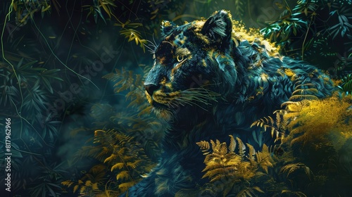 Hyperrealist Photography of a Sci-Fi Animal Experiment: A Retrofuturistic Glamour Shot with Dark Blue, Green, and Gold Contrasting Colors Showcasing Unique Artistic Expression Generative ai