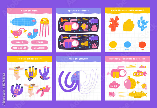 Learn ocean life games set for kids. Cute hand drawn doodle funny underwater, sea puzzle with blue whale, turtle, stingray, fish angler, urchin. Educational worksheet, mind task, riddle, strategy quiz