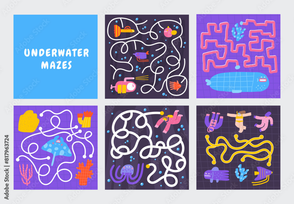 Fototapeta premium Cute ocean doodle mazes set with blue whale, coral, sea plant ,sea weed, diver, swimmer, fish. Underwater reef bottom puzzle for kids, children. Funny cartoon style labyrinth with adorable characters