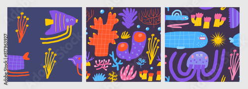 Wallpaper Mural Cute ocean underwater seamless patterns set. Funny hand drawn doodle repeatable pattern with seaweed, sea plant, coral, sponge, reef, whale, jellyfish. Ocean reef life theme background Torontodigital.ca