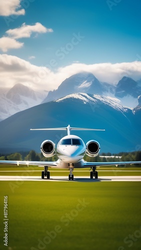airplane o n the runway against the backdrop of mountains and clouds.