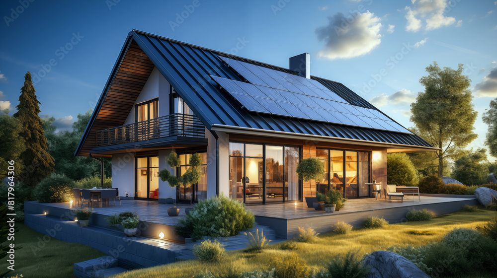 Design of sustainable privet house in countryside. Solar energy panels ... - Penthouse Design With Solar Power Systems For Homes