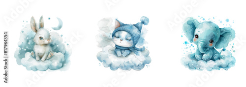 Watercolor illustration set of Sleepy baby animals with cloud and stars