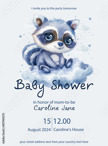Cute baby shower watercolor invitation card for baby and kids new born celebration. With clouds, moon, stars, teddy bear