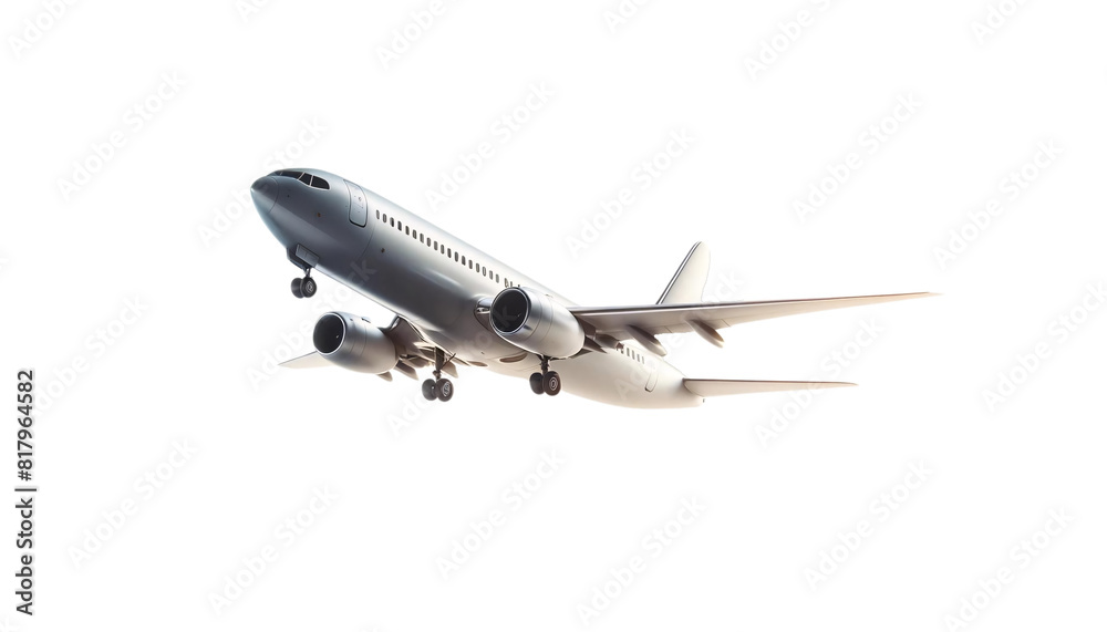 A commercial airplane in flight, isolated on a transparent background. The plane is shown from a side angle, capturing its sleek A commercial airplane in flight, isolated on a transparent background. The plane is shown from a side angle, capturing its sleek