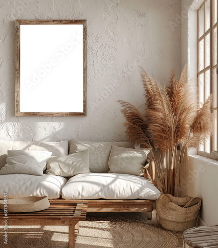 Boho style living room interior design mockup featuring blank white wooden frame set above white couch with pillows