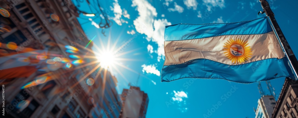 Obraz na płótnie The Argentina flag is seen waving in the wind, marking Argentinas Independence Day in this stock video footage w salonie