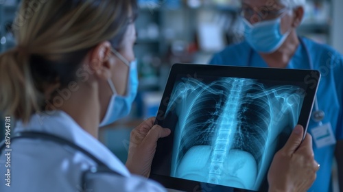 Radiologist makes a diagnosis based on an x-ray image using AI photo