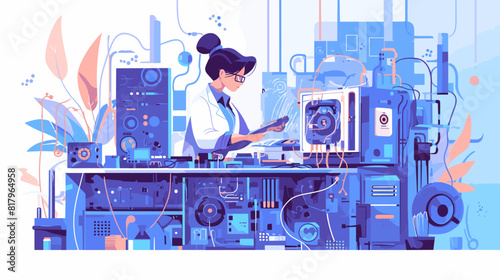 A female scientist working in a laboratory. She is wearing a white lab coat and safety glasses. she is standing in front of a large machine with a blue screen