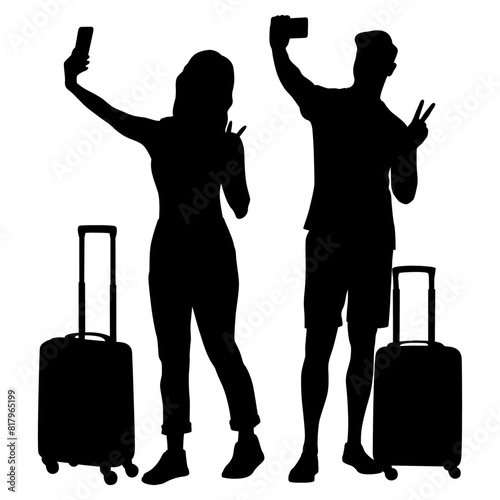 Silhouette of young man and woman tourists with smartphones and passports. Travelers going on trip in casual clothes with a suitcase and tickets. Vector illustration set isolated on white