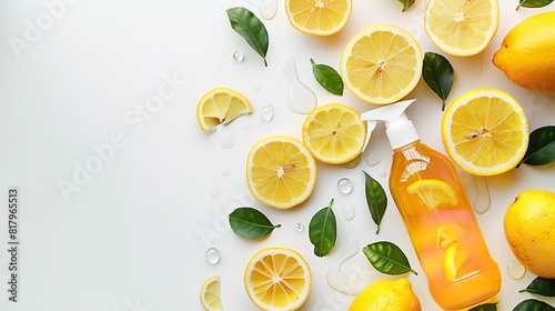 Rejuvenating household cleaner with a lemon flavor to ensure a tidy and odorous home setting over a white setting lovely shot and space, Generative AI. photo