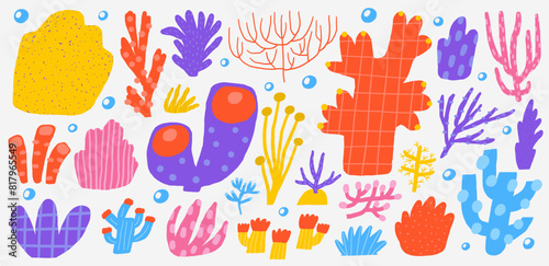 Cute underwater set with funny hand drawn doodle coral, sponge, sea weed, sea plant. Sea, ocean bottom reef objects collection, clipart. Cartoon style background
