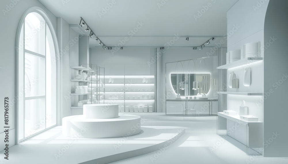 The image is a 3D rendering of a modern, minimalist retail space The image is a 3D rendering of a modern, minimalist retail space