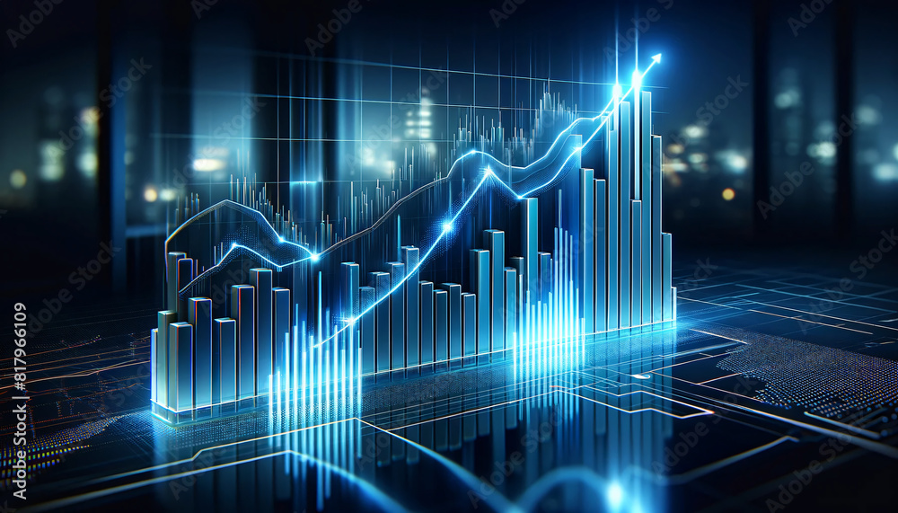 A sleek financial graph in shades of blue, showing a dynamic rise in stock values with glowing bars and a detailed line chart on a reflective surface A sleek financial graph in shades of blue, showing a dynamic rise in stock values with glowing bars and a detailed line chart on a reflective surface