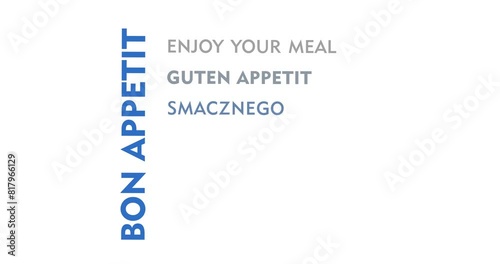 Enjoy your meal kinetic text abstract concept loop animated. Bon appetit in different languages word typography seamless looping 3d animation.