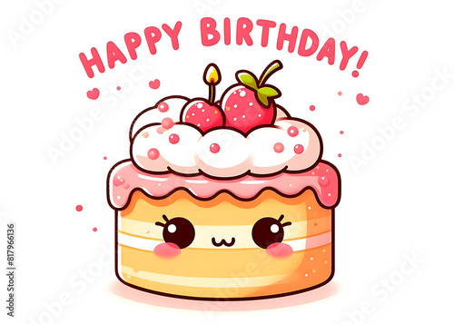 Kawaii Happy Birthday Cake  Printable Greeting Card Template