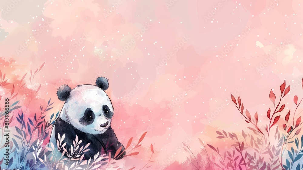 Naklejka premium Watercolor panda in bamboo forest. Cartoon scene with cute panda bear in bamboo forest illustration for children.