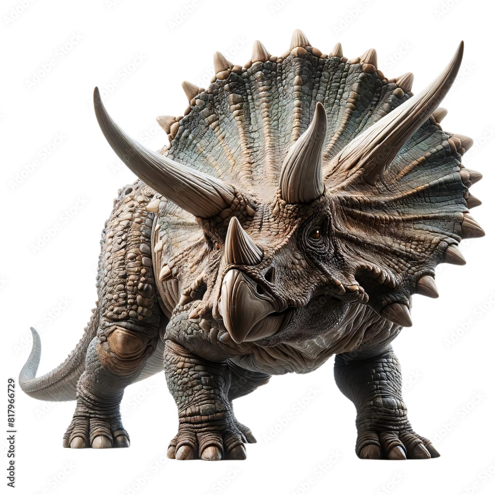 Fototapeta premium A Triceratops dinosaur on a transparent background. This depiction shows the dinosaur in a dynamic stance