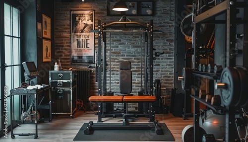 The image shows a home gym with a variety of weightlifting equipment, including a bench press, squat rack, and dumbbells photo