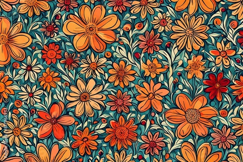 Abstract floral pattern with exaggerated  stylized flowers in bright colors.