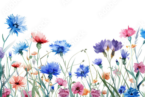Watercolor cornflowers on a white background