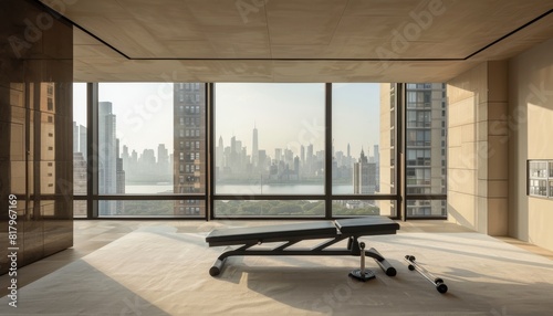 The image shows a modern home gym with a stunning view of the city skyline photo