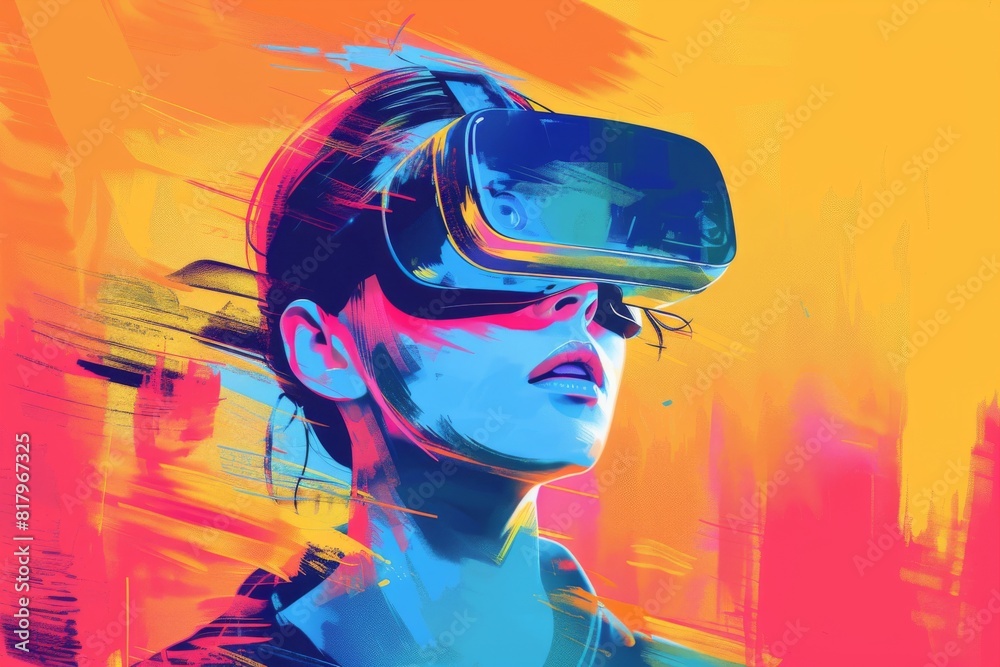 The image shows a person wearing a virtual reality headset. The person is surrounded by a colorful, abstract background. The image shows a person wearing a virtual reality headset. The person is surrounded by a colorful, abstract background.