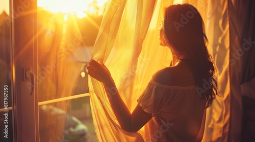 woman opening curtains in the morning photo