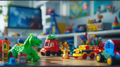 An HD close-up of a variety of colorful toys neatly arranged on a modern office desk