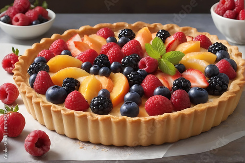 cake with berries  A biscuit pudding topped with pieces of fruit.