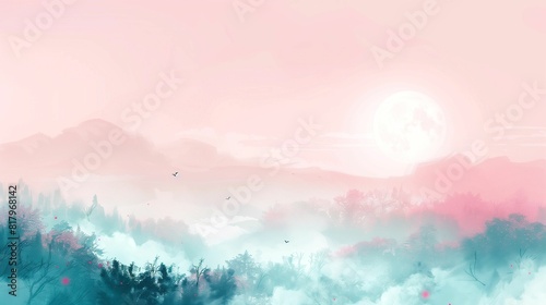 Cute beautiful blurred landscape in soft pastel colors with blurred pink clouds unsaturated light and airy pastel color palette photo