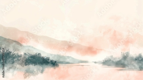 Abstract nature banner of pink sky and green mountains natural watercolor textures in Scandinavian style