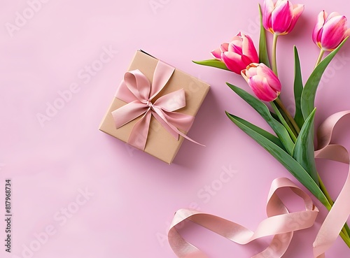 Colorful pink tulips and flowers in a gift box with ribbon on a pastel background © Yashfa Sikandar Rana