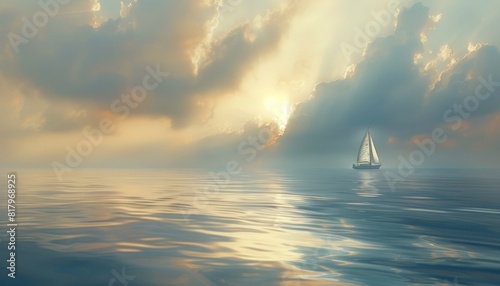 The photo shows a sailboat on a calm sea with a beautiful sunset in the background photo