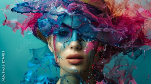 The photo shows a woman with colorful powder dissolving around her head. She is wearing a pair of glasses and has her eyes closed. The image is very surreal and dreamlike.