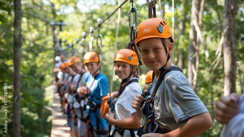 Kids having fun ziplining through the trees at a summer camp.